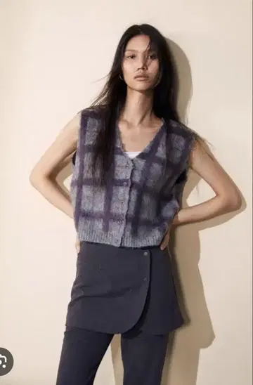 [ 택 포함/H&M ] 완판템 프론트 버튼 니트 베스트 체크 모헤어