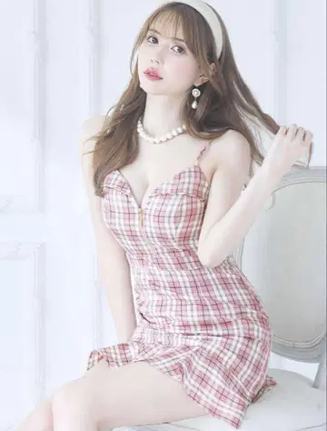 핑크 체크 무늬 V넥 드레스 Jewels