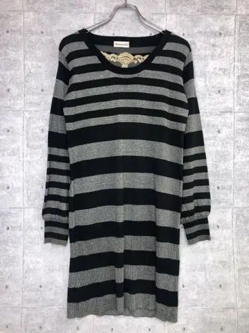 00년대 구제 의류 앤티크풍 레이스 절개 라메 혼방 보더 니트 원피스