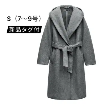 그레이 후드 부착 롱 코트 S