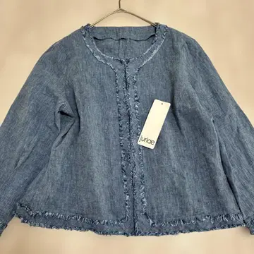 juriae 노카라 자켓 데님 블루 린넨 100% 얇은 소재 프린지 M