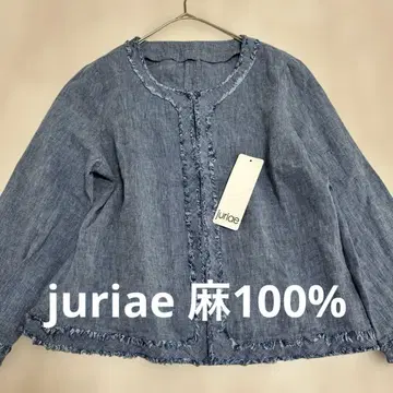 juriae 노카라 자켓 데님 블루 린넨 100% 얇은 소재 프린지 M