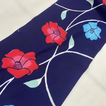 6366 네이비 유카타 옷감 면 빨간 꽃 파란 꽃