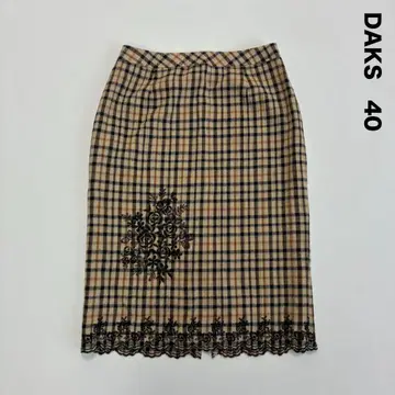 DAKS 닥스 체크&자수 무릎 기장 미디 타이트 스커트 40 베이지