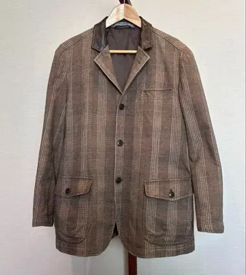 90' 빈티지 자켓 가죽 칼라 체크 무늬