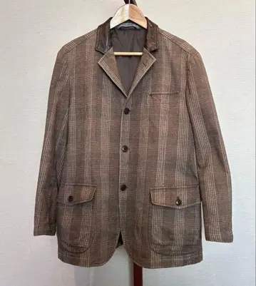 90' 빈티지 자켓 가죽 칼라 체크 무늬
