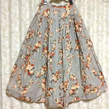 W64cm INGEBORG 꽃무늬 체크 플레어 스커트
