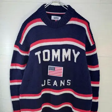타미힐피거 진스 니트 스웨터 성조기 와펜 울 빅 로고 네이비