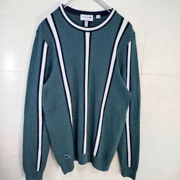 라코스테 프랑스제 니트 스웨터 파랑 악어 자수 로고 스트라이프 울