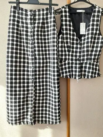 택 포함 새상품 티크 cheek 체크 트위드 셋업 베스트 스커트 세트 M