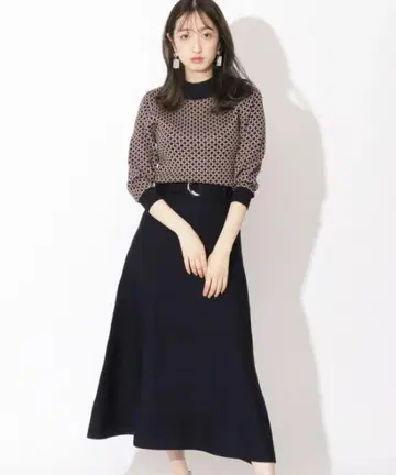 [REDYAZEL] 기하학 패턴 니트 플레어 스커트 네이비 벨트 포함