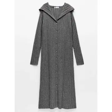 ZARA 리브 니트 롱 가디건 후디 후드티 롱 기장 M 그레이