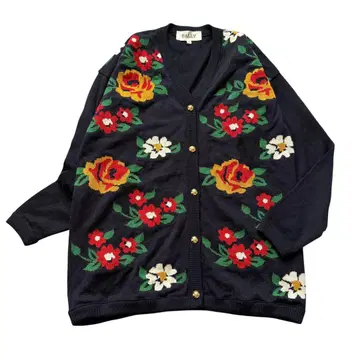 발리 울100% 꽃무늬 니트 가디건 네이비 금장 버튼 V넥