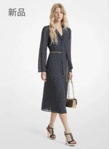 MICHAEL KORS 폴카 도트 조젯 타이넥 미디 드레스
