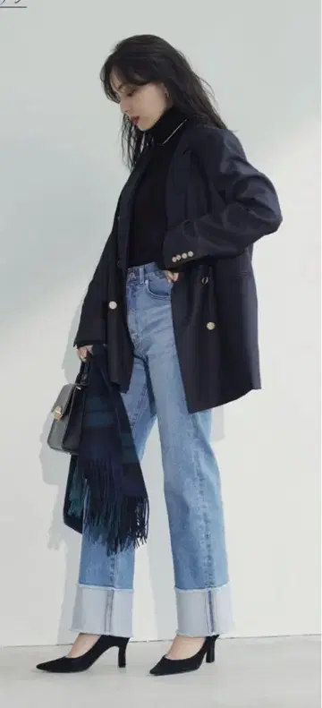 anuans 스트레이트 데님 라이트 블루 컷오프 밑단
