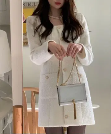 스퀘어넥 트위드 원피스 한국 왕홍 화이트 포멀