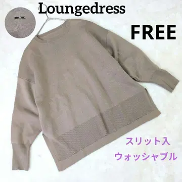 Loungedress 슬릿 니트 프리 베이지 긴팔 크루넥