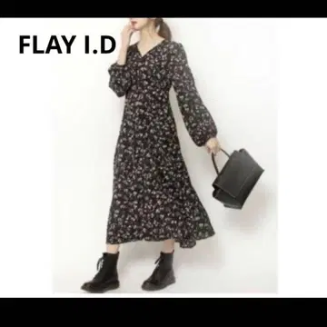 FRAY I.D 프레이 아이디 블랙 꽃무늬 원피스 긴팔 A라인