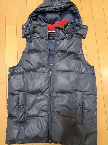 네이비 후드 부착 다운 베스트 타미힐피거