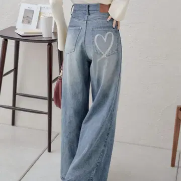 chico 하트 프린트 박스 와이드 데님 팬츠