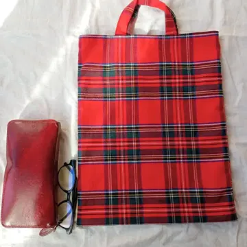 인기 귀여운 빨간색 타탄 체크 세로형 토트백 (핸드메이드)
