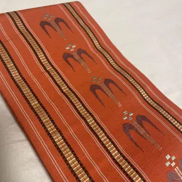 마츠나가 직물 금제 차분한 주홍색에 제비 무늬의 본고장 하카타 반폭 오비