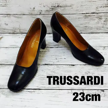 새상품급 TRUSSARDI 블랙 가죽 하이힐 23cm 와이드 힐