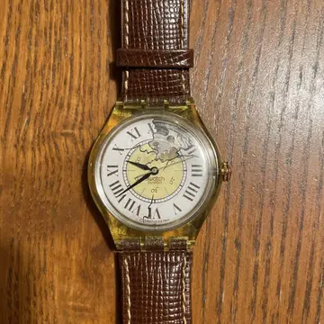 Swatch 아날로그 쿼츠 손목시계 브라운 가죽