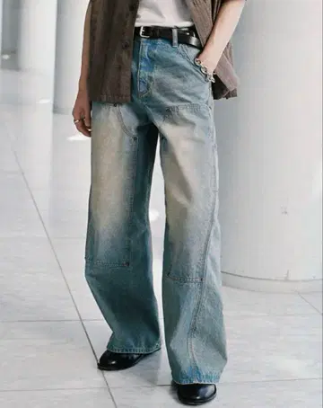 DOUBLE KNEE CURVED SEEM BAGGY DENIM