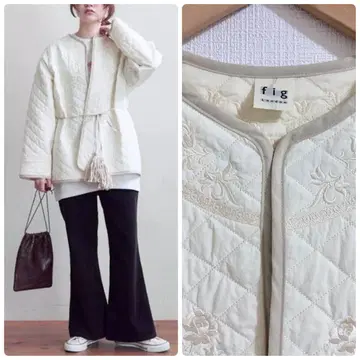 fig London 차이나 퀼팅 자수 노카라 자켓