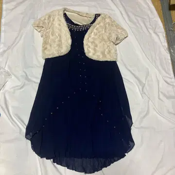 네이비 쉬폰 플레어 드레스 비즈 장식 포함, 볼레로 세트