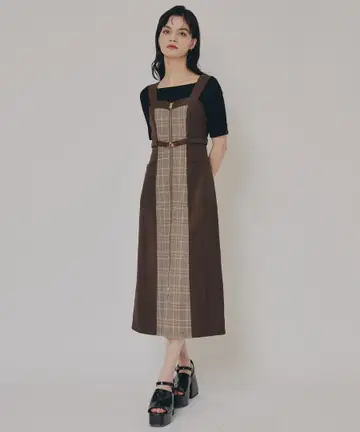 레이디 아젤 프론트 지퍼 바이컬러 체크 원피스