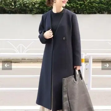 네이비 더블 버튼 롱 코트