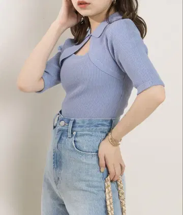 Chico 5부 소매 프론트 오픈 옷깃 리브 니트