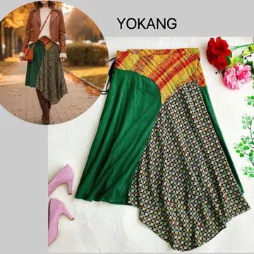 YOKANG 요칸 일본풍 패턴 비대칭 이소재 도킹 변형 랩 스커트