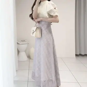 더블 프릴 소매 체크 레이스 도킹 원피스
