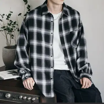 체크 무늬 셔츠 L 사이즈 블랙 x 화이트