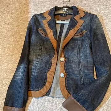 [ 새상품급 S.O.S 이탈리아제 ] 데님 블레이저 가죽 사용 M