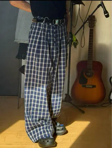 깅엄 체크 와이드 팬츠