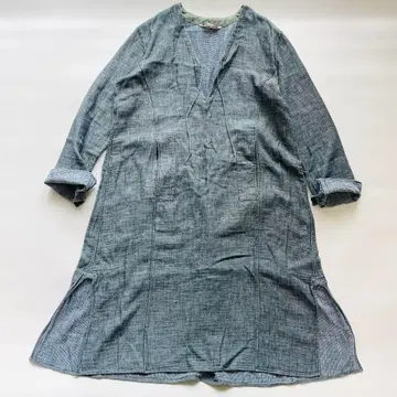 45R 긴팔 튜닉 원피스 코튼 깅엄 안감 부착 인디고