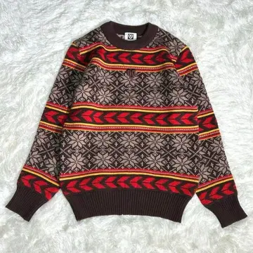 일본제 핸드메이드 노르딕 올 패턴 니트 자수 로고 브라운 울 100%