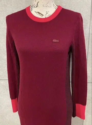LACOSTE 캐시미어 혼방 긴팔 니트 원피스 가슴 로고 보르도 38
