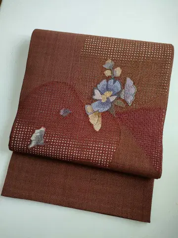 스와토 자수*후쿠로 오비*새상품*순수 실크*브라운*산두 자수