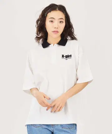 X-girl 반팔 피케 셔츠 S 사이즈 화이트/블랙
