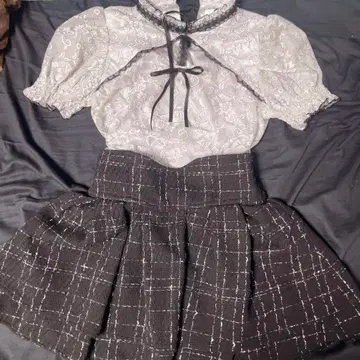 미셸 마카롱 트위드 스커트 pium 사다리 리본 바이컬러 레이스 블라우스