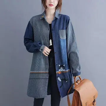 새상품급 고양이 자수 데님 셔츠 원피스