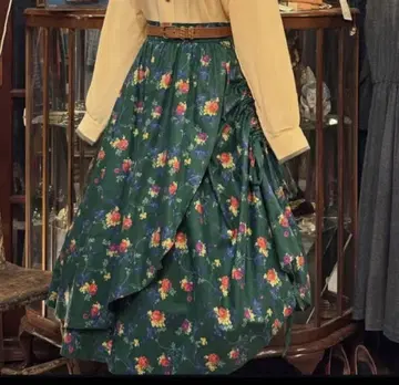 빈티지 비대칭 꽃무늬 플레어 스커트 그린