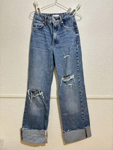 ZARA 스트레이트 데님 EUR34 데미지 데님 롤업 데님