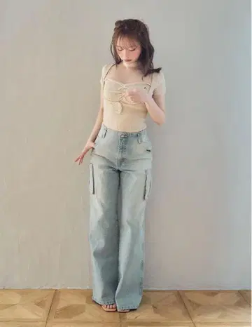 Back ribbon denim cargo pants andmary