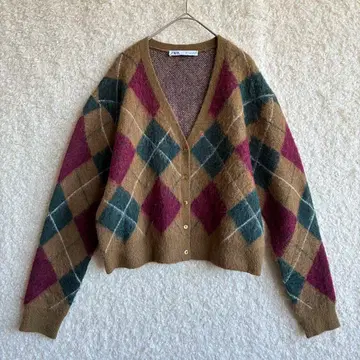 자라 알파카 혼방 아가일 무늬 가디건 S